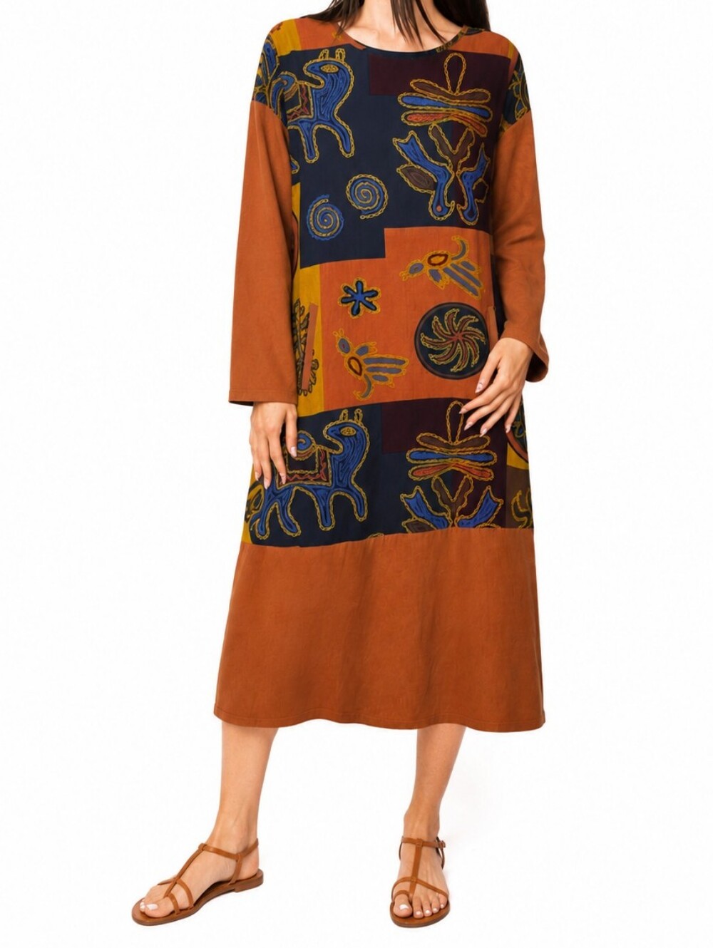 Gracila Abstract Print Cotton Midi Dress M Boho Long Sleeve